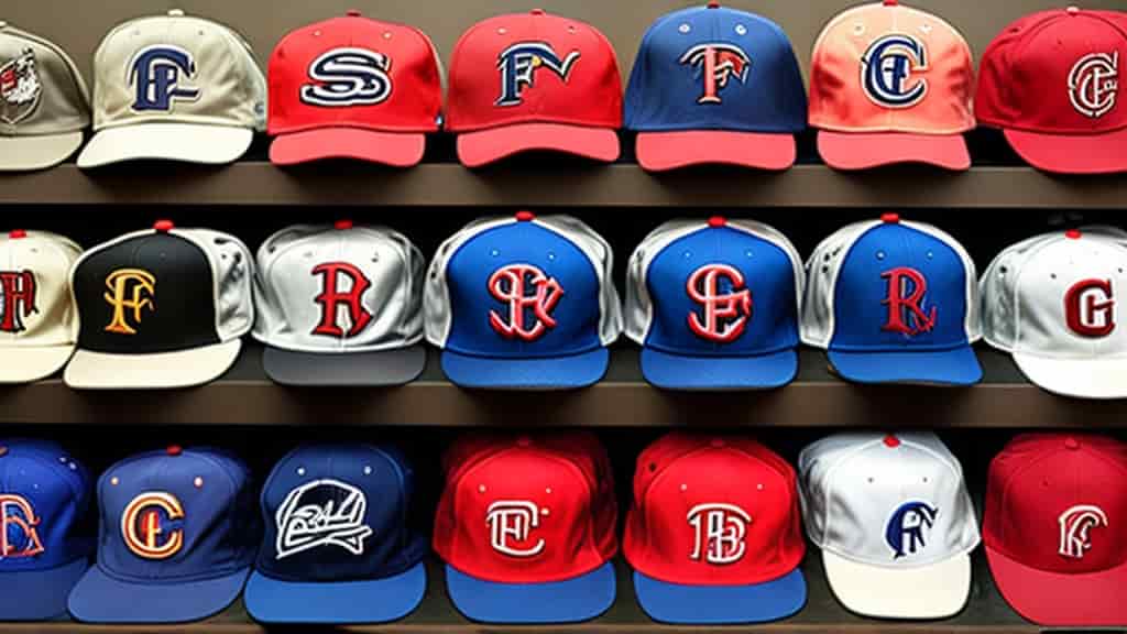 collection of baseball hats with logos