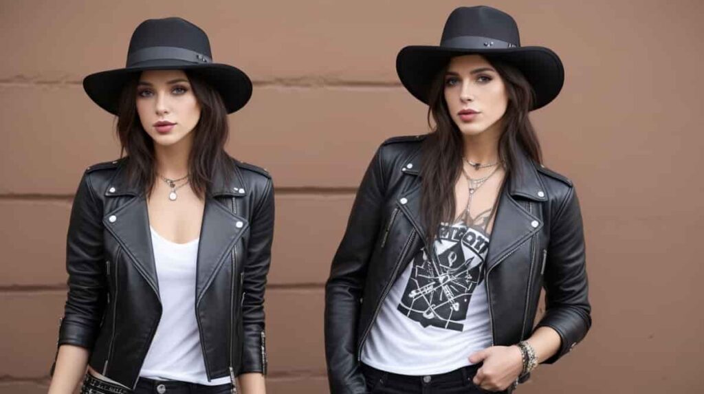 fedora hat outfit ideas with leather jacket