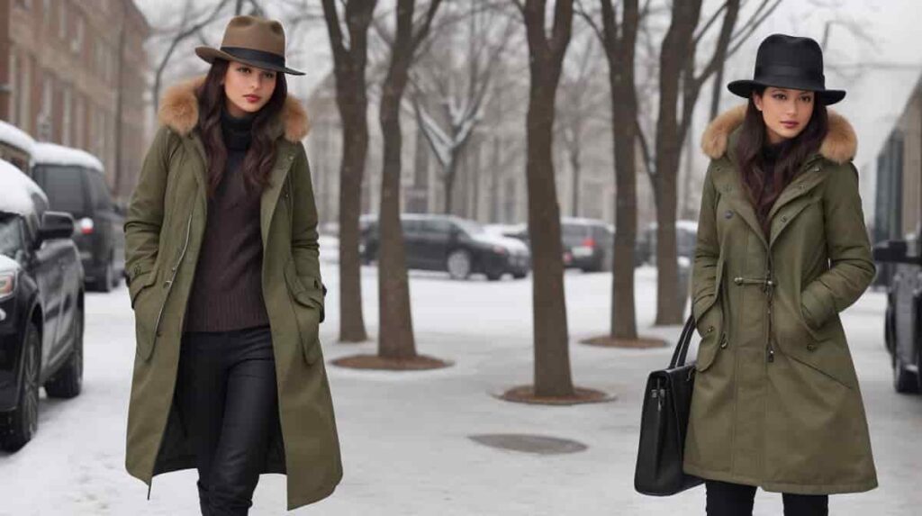 fedora hat outfit winter with pea coat