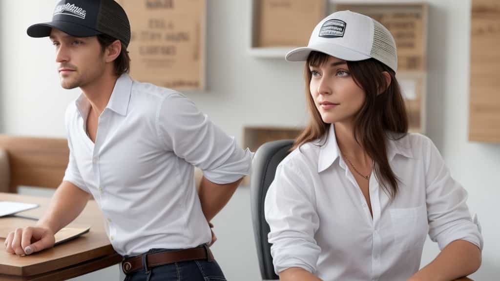 Girl and boy wearing trucker hat with business casual dress